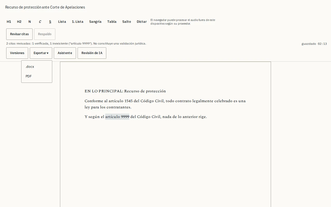 Editor de escritos de Vigencia con el menú Exportar abierto, que ofrece .docx y PDF.